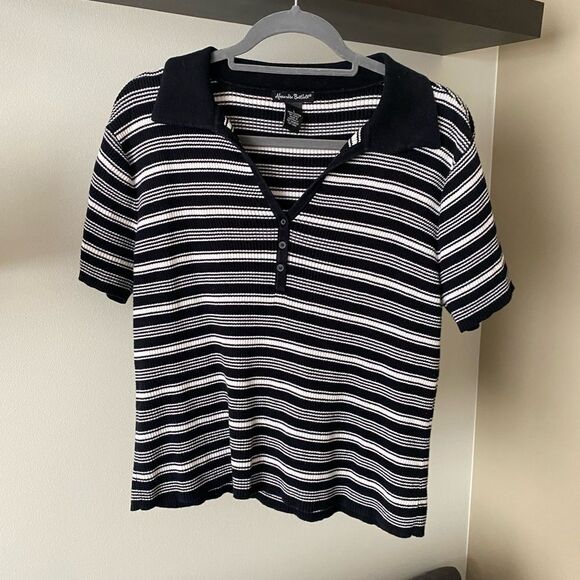 Vintage Black and White Striped Short Sleeve Collared Shirt Size Large - Picture 1 of 6